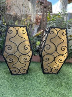 Pair Of Mid Century Modern Amber Scrollwork Outdoor Wall Sconces Rare