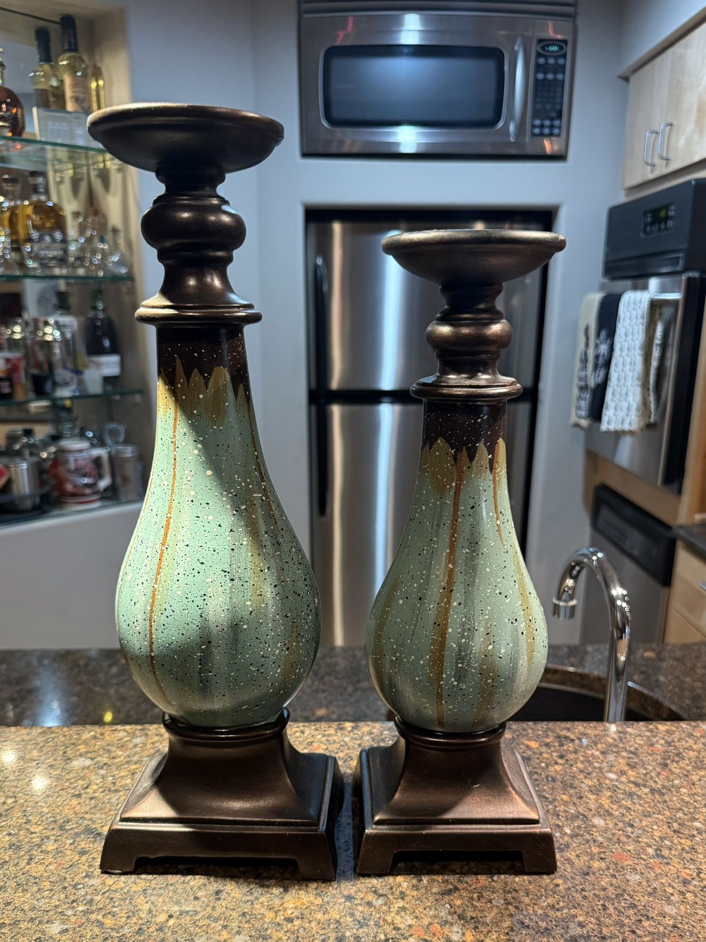 Two Teal & Gold Drip Pillar Candle Holders w/ Bronze-Toned Base