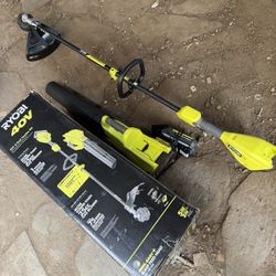 RYOBI 40V HP Brushless 650 CFM 160 MPH Cordless Leaf Blower and Carbon Fiber String Trimmer with 4Ah Battery and Charger