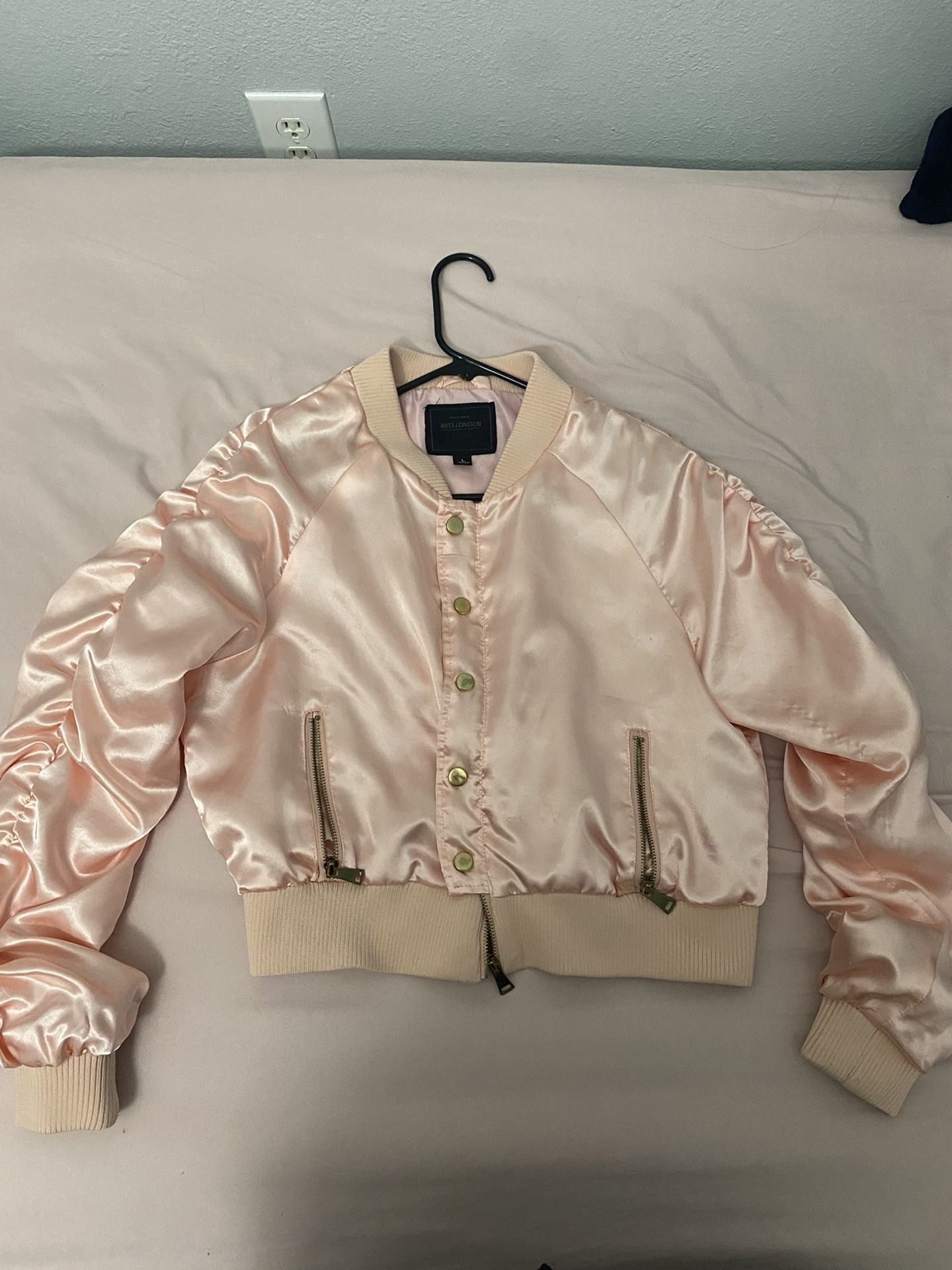 Pink Satin Crop Jacket With Rouched Sleeves
