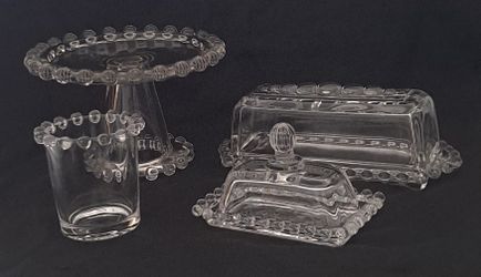 (Reduced) Imperial pedestal cake stand, Imperial Candlewick Votive candle holder, Miniature Butterdish and Imperial rectangular butter dish