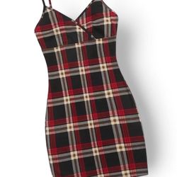 Red and black plaid midi bodycon dress