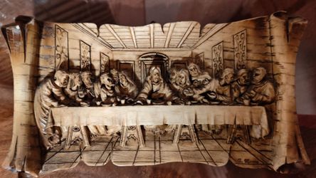 Vintage G. Muraro Carved Last Supper Plaque for Wall 10" Long Scroll Design