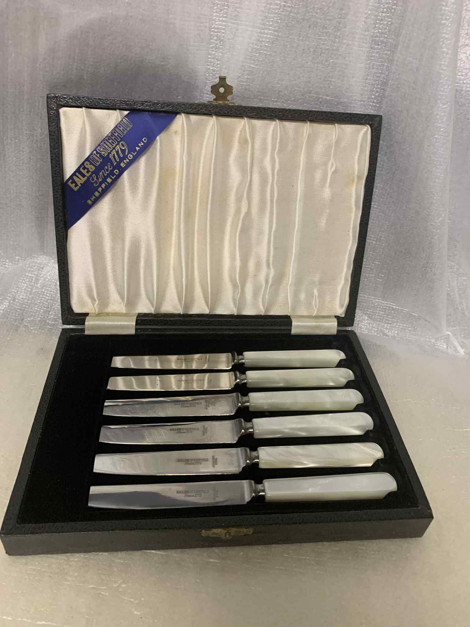 Eales of Sheffield England Steak Knife Set of 6 w/ Case Pearl Handle Vintage Since 1779