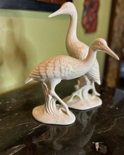 tage Heron Bird Sculpted Figurines in White Ceramic Set of 2