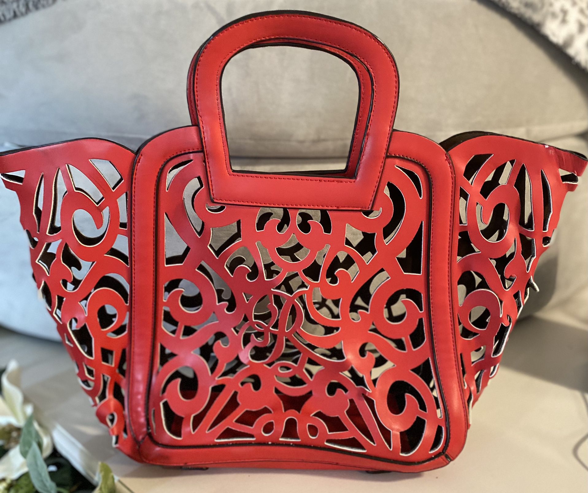 Handcrafted Leather Punched Design Tote with Removable Insert Red