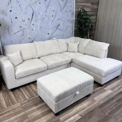 Beige Courduroy Sofa and Ottoman