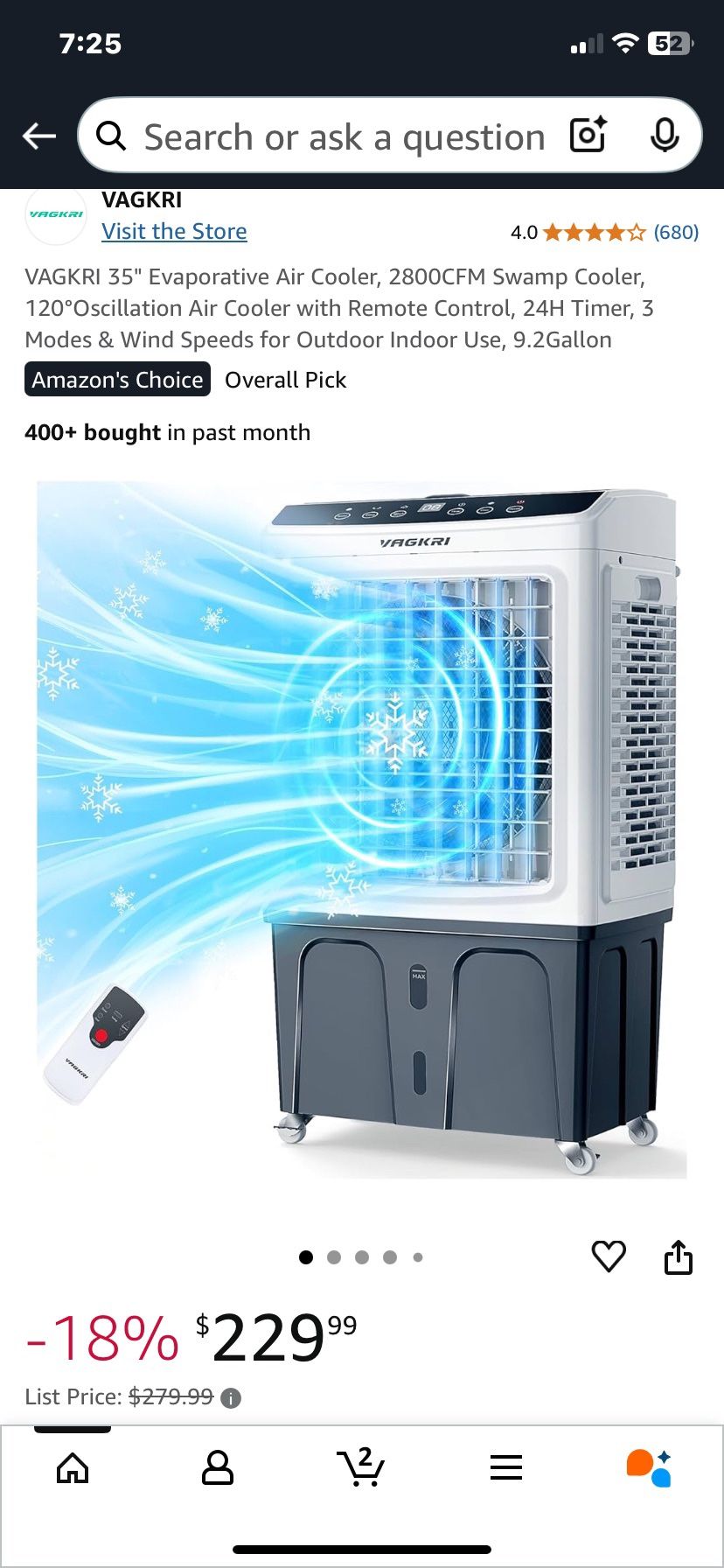 Vagkri 35” Evaporative Air Cooler/Swamp Cooler