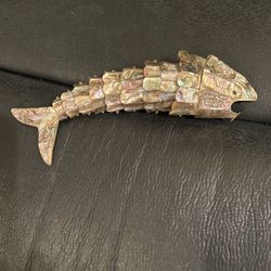 8” Long Vintage Mid-Century Articulated Abalone Shell Fish Bottle Opener