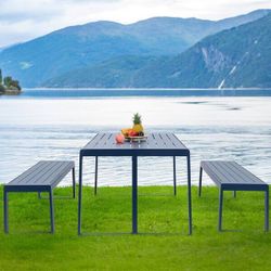 37 in. Dark Blue Rectangle Aluminum Patio Picnic Tables with Bench Seats 6-People