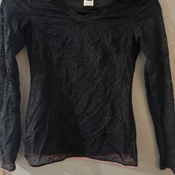 ELLE Black Lace Sheer Long Sleeve V Neck Blouse Polyamide Elastane S 1SET011