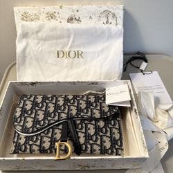 Authentic Dior Small Saddle Pouch with Chain – Blue Dior Oblique Jacquard Brand New