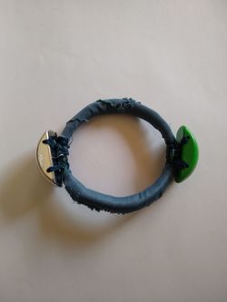 Vintage Blue Fabric Wrapped Bangle Bracelet with Green & Silver Accents