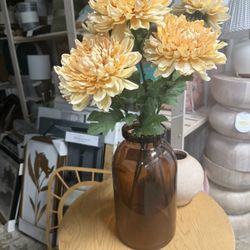 14" Tinted Glass Jug Vase Amber & 25" Faux Beige Chrysanthemum Flower Stem - Hearth & Hand™ with Magnolia