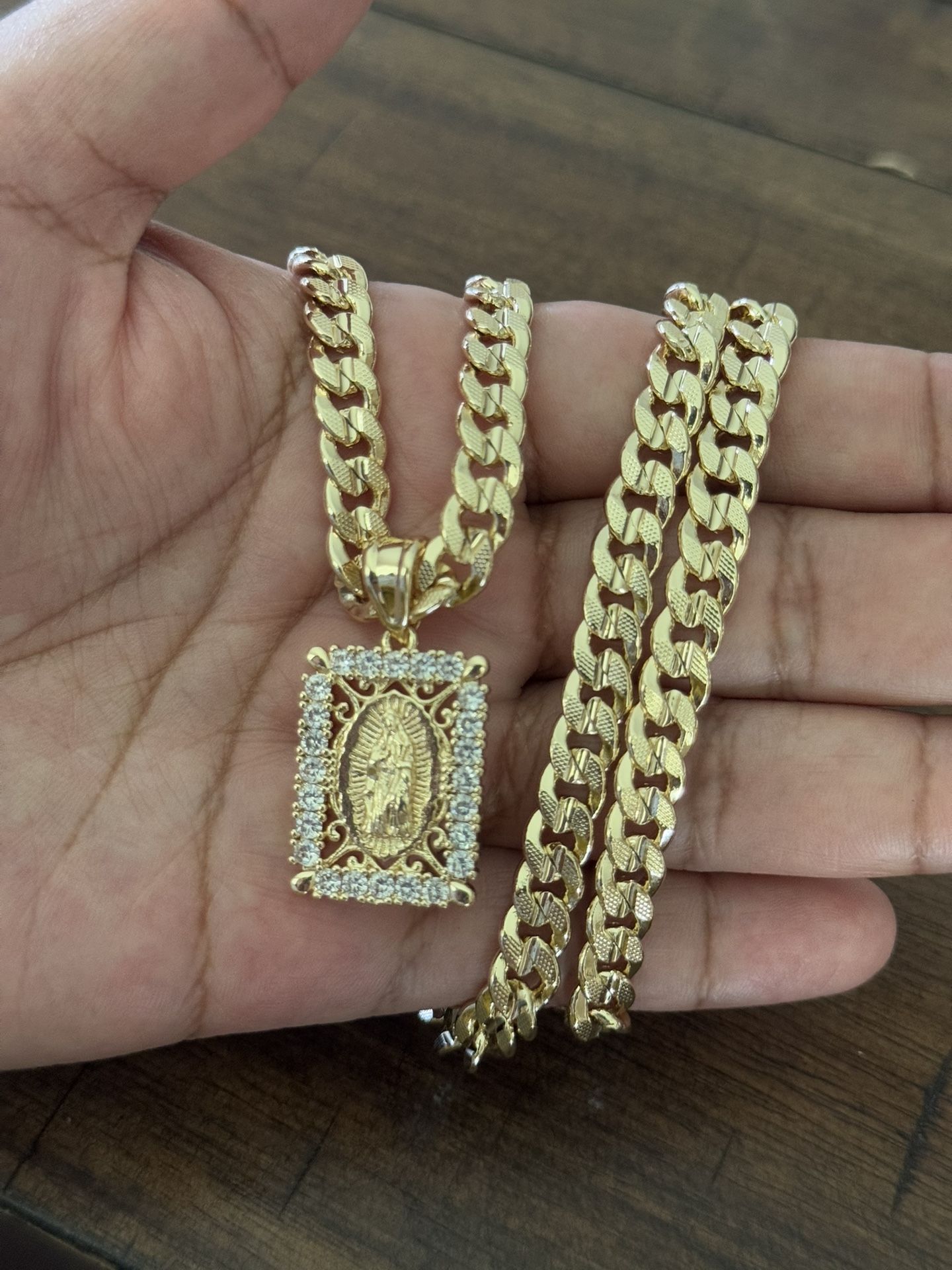 Virgin Mary Pendant With Stones 24 Inch Gold Plated 24 Inch Necklace