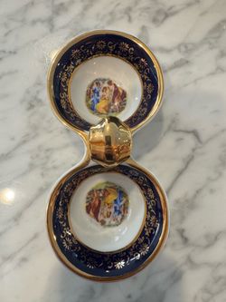 Vintage Double Porcelain Condiment Dish Cobalt Blue Gold (READ DESCRIPTION)
