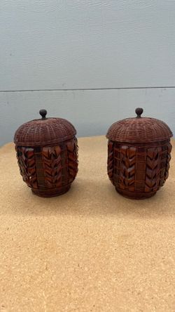 Pair of 4.5” Woven Rattan Lidded Baskets