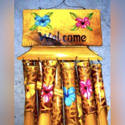 Aloha🌺 Everyone Decorative Bamboo Wind Chime Welcome Sign with Flowers Wooden Home Garden Decoration