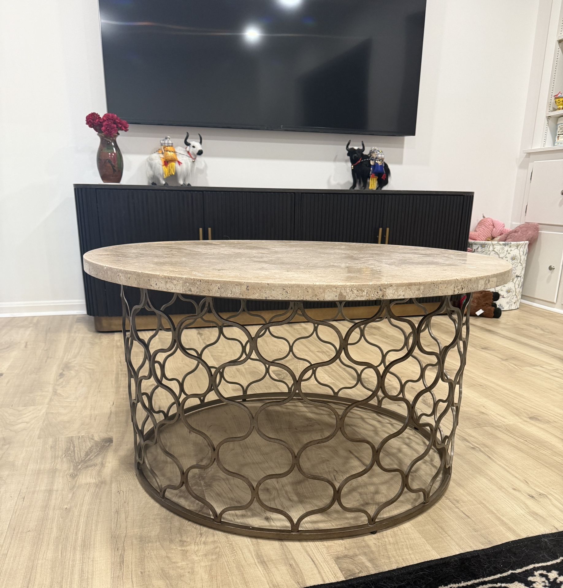 Elegant Round Coffee Table – Stone Top & Wrought Iron Base – $120 OBO