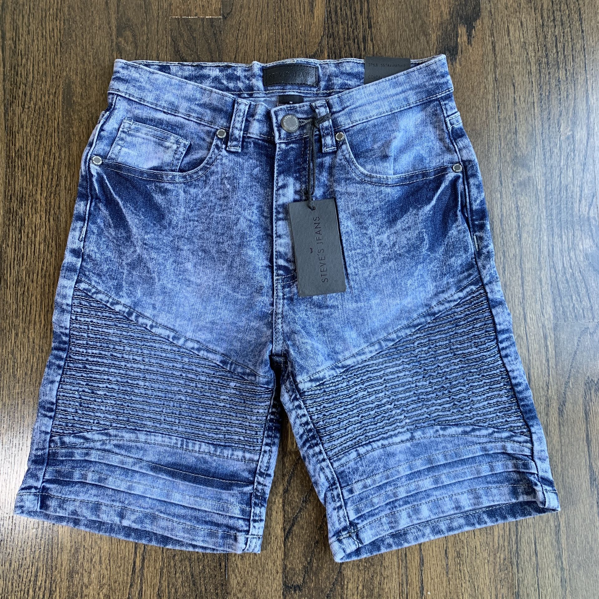 Steve's Jeans Boys Acid Wash Moto Denim Shorts Slim Fit Stretch Blue Size 8 NWT