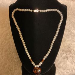 Beautiful Authentic Pearl Necklace With Amber Heart Pendant And 14k Gold Clasp