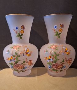 Vtg Pair Toscany Price Collection Italian Frosted Glass Floral Vases Matched Set 10”