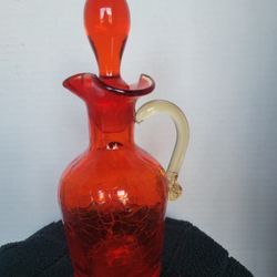 Vintage MCM Amberina Rainbow Glass Cruet w/ Original Stopper Applied Handle 7.5"