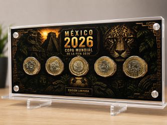 Limited edition commemorative coin set featuring five Mexican 20-peso coins. The set is housed in a black and gold acrylic display case with a jaguar 