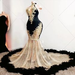 Black and Gold Prom Dress With Feather Sequin Mermaid Size:16W