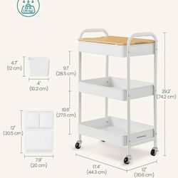 SONGMICS 3-Tier Storage Trolley Rolling Cart with Table Top - White