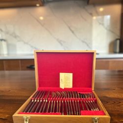 Vintage Mid-Century Modern S.T. Thailand Bronze & Rosewood 24-Piece Flatware Set
