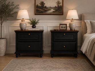 Refinished Set of Nightstands- Dark Walnut & Black Solid Wood
