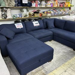 Navy Blue U-Shaped Sectional Sofa with Storage Ottoman