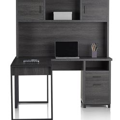 Realspace® DeJori 59"W L-Shape Corner Desk With Hutch, FILE CABINET FREE Charcoal