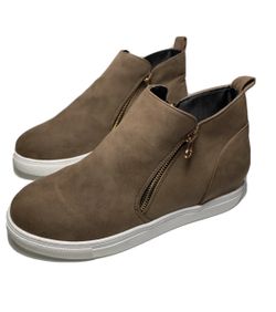 WOMENS SIZE 9 PLATFORM SLIP ON SNEAKERS ROUND TOE ZIPPER FLAT WALKING FLAT BROWN