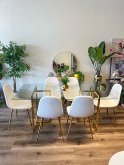 Chic Gold Dining Room Set with Tempered Glass Table