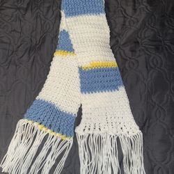 Home Made Crochet Scarf And Blue ,white, Yellow.