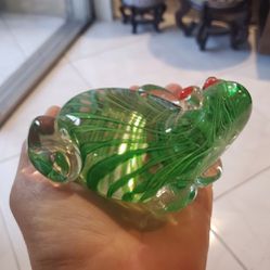 Murano Style Art Glass Paperweight Green Frog;Mid Century Art.