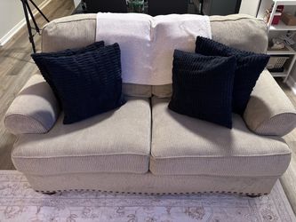 Beige Fabric Sofa & Loveseat with Nailhead Trim