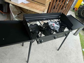Propane Triple Burner Stove Cooking Station with Folding Side Shelves