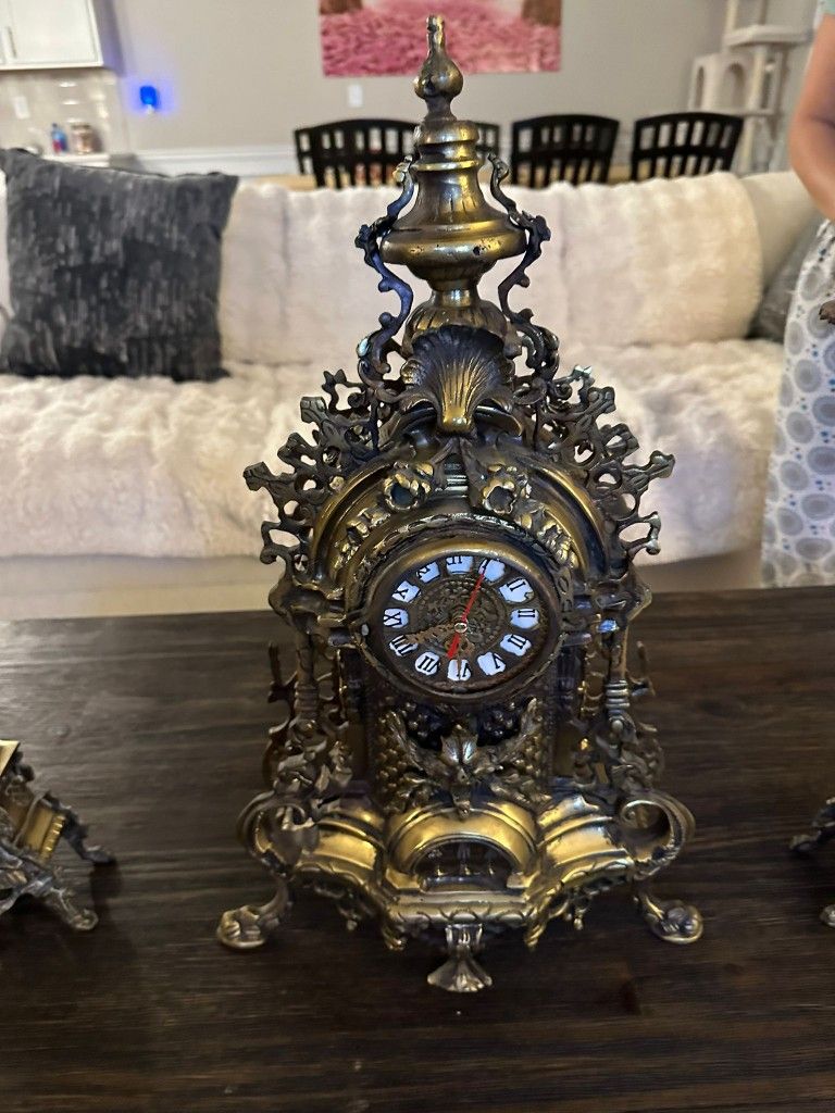 Antique Italian Bronze Candelabra Clock Set