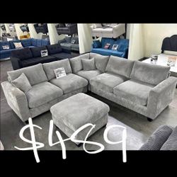 Gray corduroy sectional Sofa With ottoman 99x99 "