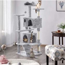 54in Multi-Level Cat Tree with Sisal-Covered Scratching Posts, Plush Perches, Double Condos and Replaceable Dangling Balls Light Gray - for Kittens, C