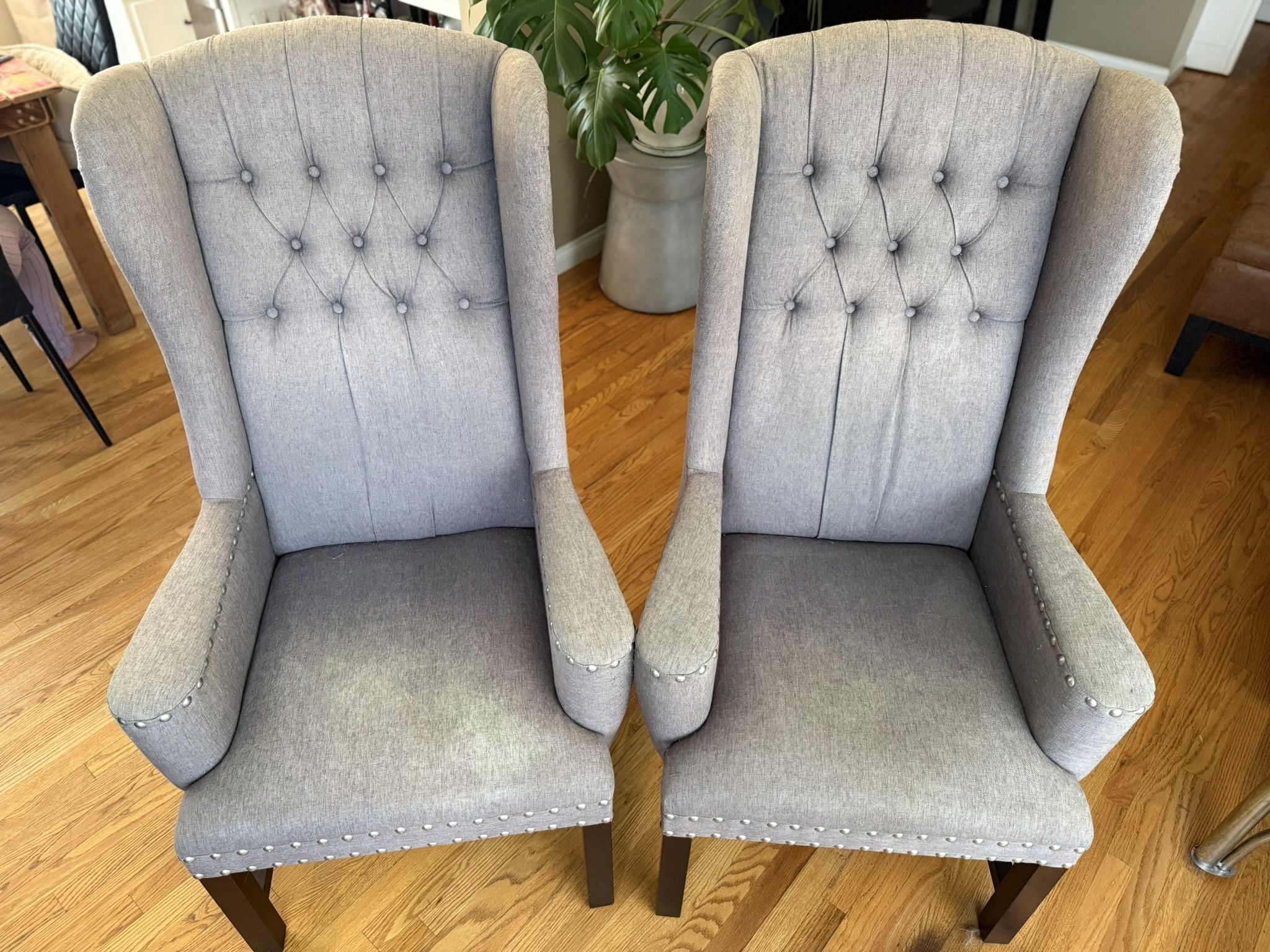 Designer Wingback Chairs Pair – Tufted Gray