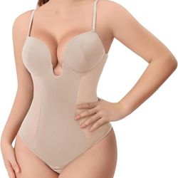 Women Tummy Control Low Back U Plunge Backless Body Shaper Bra Faja with Open Crotch Bodysuit