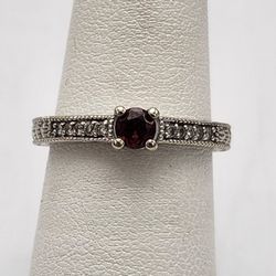14kt White Gold Ring With Garnet And 10ct Total Weight Diamond
