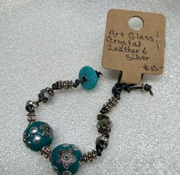 Bracelet Art Glass Crystal Leather & Silver