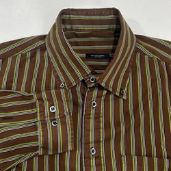 Burberry London Men’s XL Brown Green Striped Long Sleeve Button Up Shirt