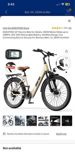 EOEOTWO 24" Electric Bike for Adults, 400W Motor Ebike up to 23MPH, 36V 13Ah Removable Battery, 40 Miles Range, City Commuting Electric Bicycle for Wo