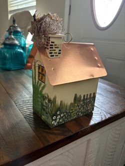 Hand-Painted Wood Birdhouse with Copper Roof